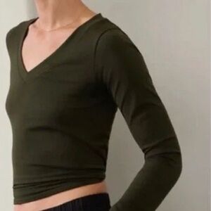 Athleta Renew Seamless V Neck Top, Ribbed, Aspen Olive Green, Size XL